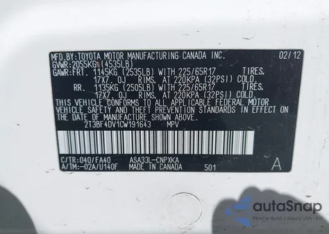 2012 Toyota Rav4 из США, поврежденный, VIN 2T3BF4DV1CW191643